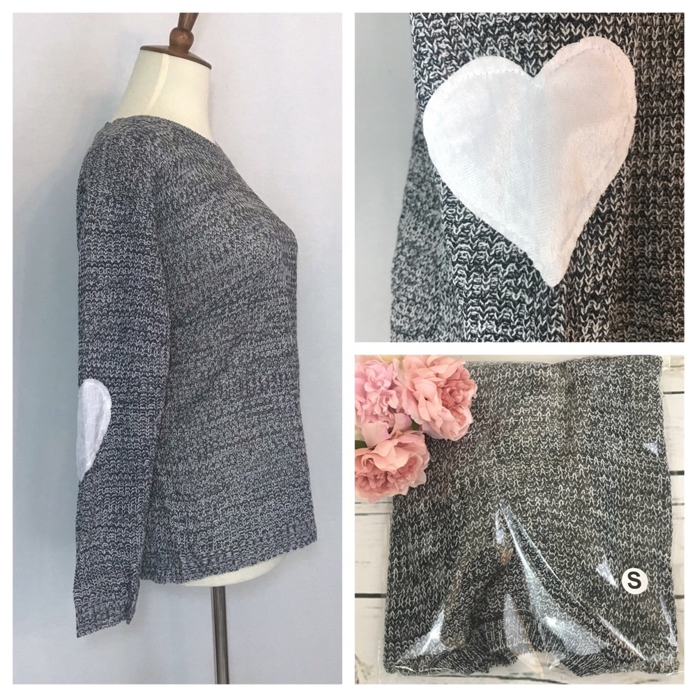 Gray Knitted Sweater with White Heart Patch Sleeve - Picture 6 of 7